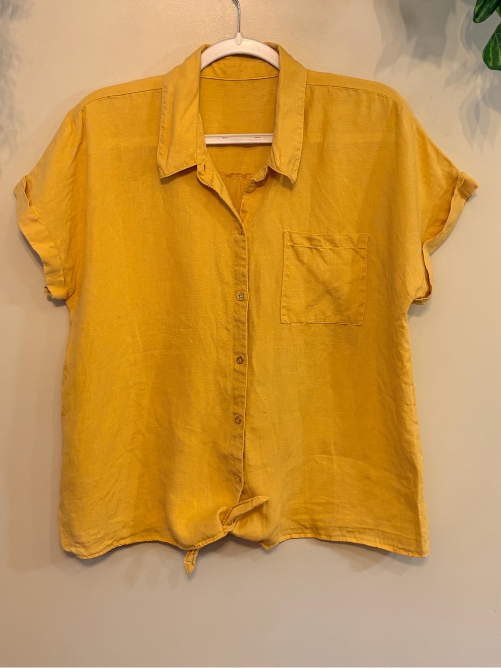 Ellen Tracy 100% Linen Mustard Yellow Tie Front Button Shirt XL Coastal Luxe - Picture 3 of 6